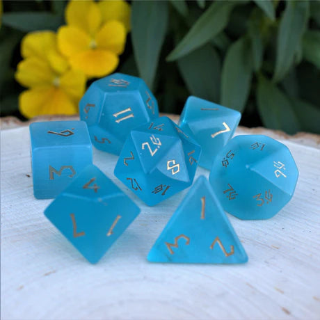 Misty Mountain - Aqua Blue Cat's Eye - 7-set Stone Dice