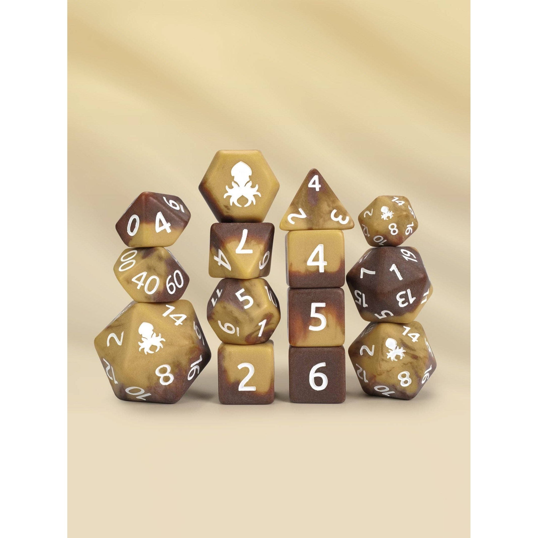 Mocha Drizzle Matte 14pc Dice Set inked in White