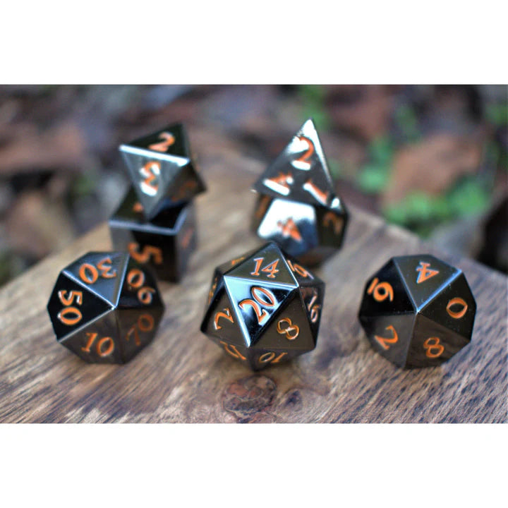 Misty Mountain - Black and Orange Sharp-Edged - 7-set Metal Dice