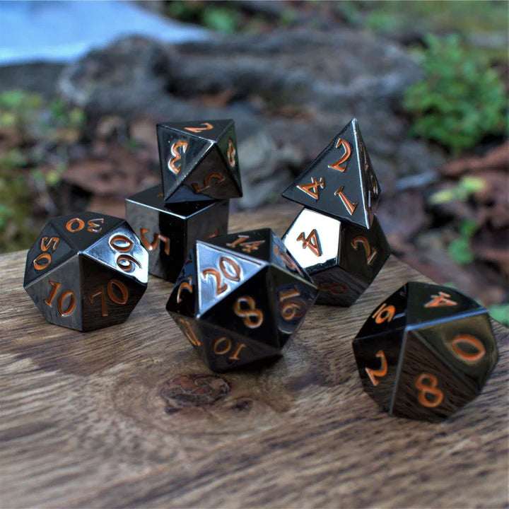 Misty Mountain - Black and Orange Sharp-Edged - 7-set Metal Dice