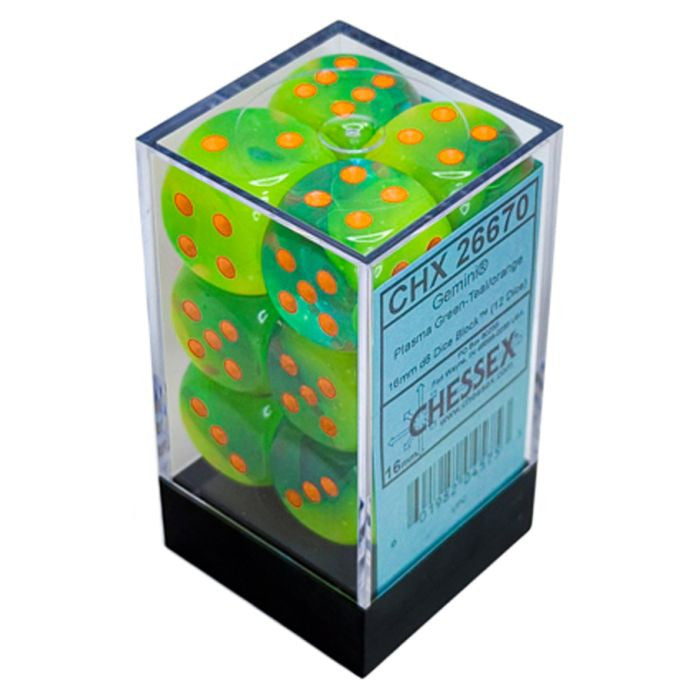Chessex Gemini Plasma Luminary Green-Teal/Orange Six-Sided 16mm Dice