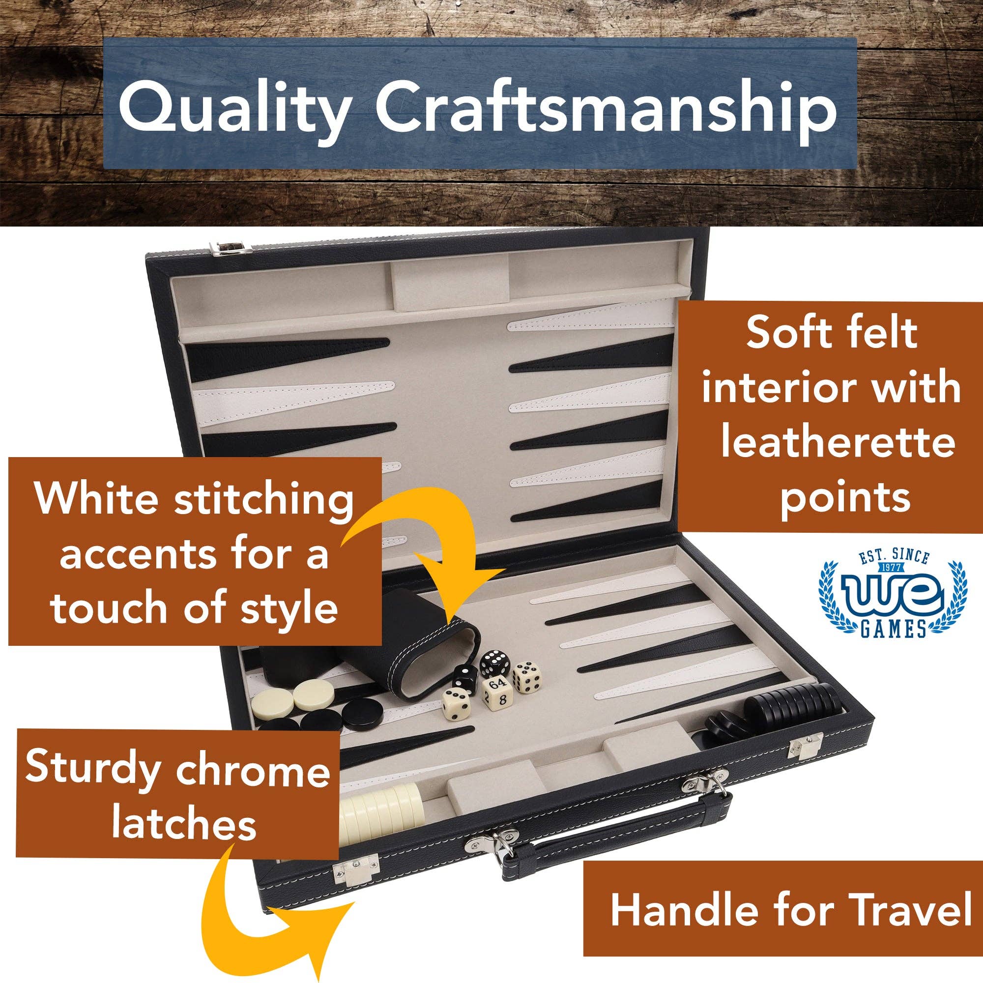 Elegant Black Leatherette Backgammon, 14.75 x 9.75 in.