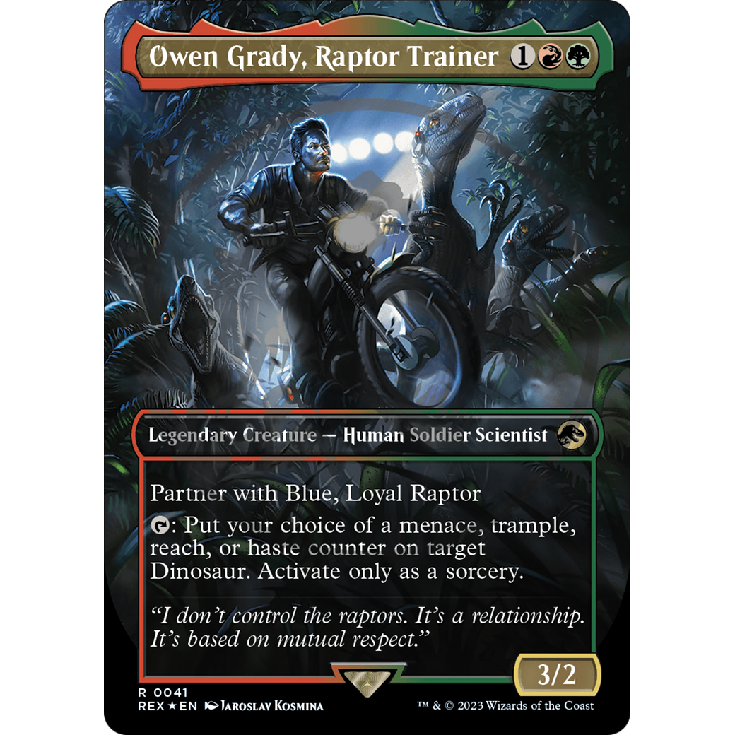 Owen Grady, Raptor Trainer (Borderless) (Emblem) (REX-041) - Jurassic World Collection (Borderless) Foil