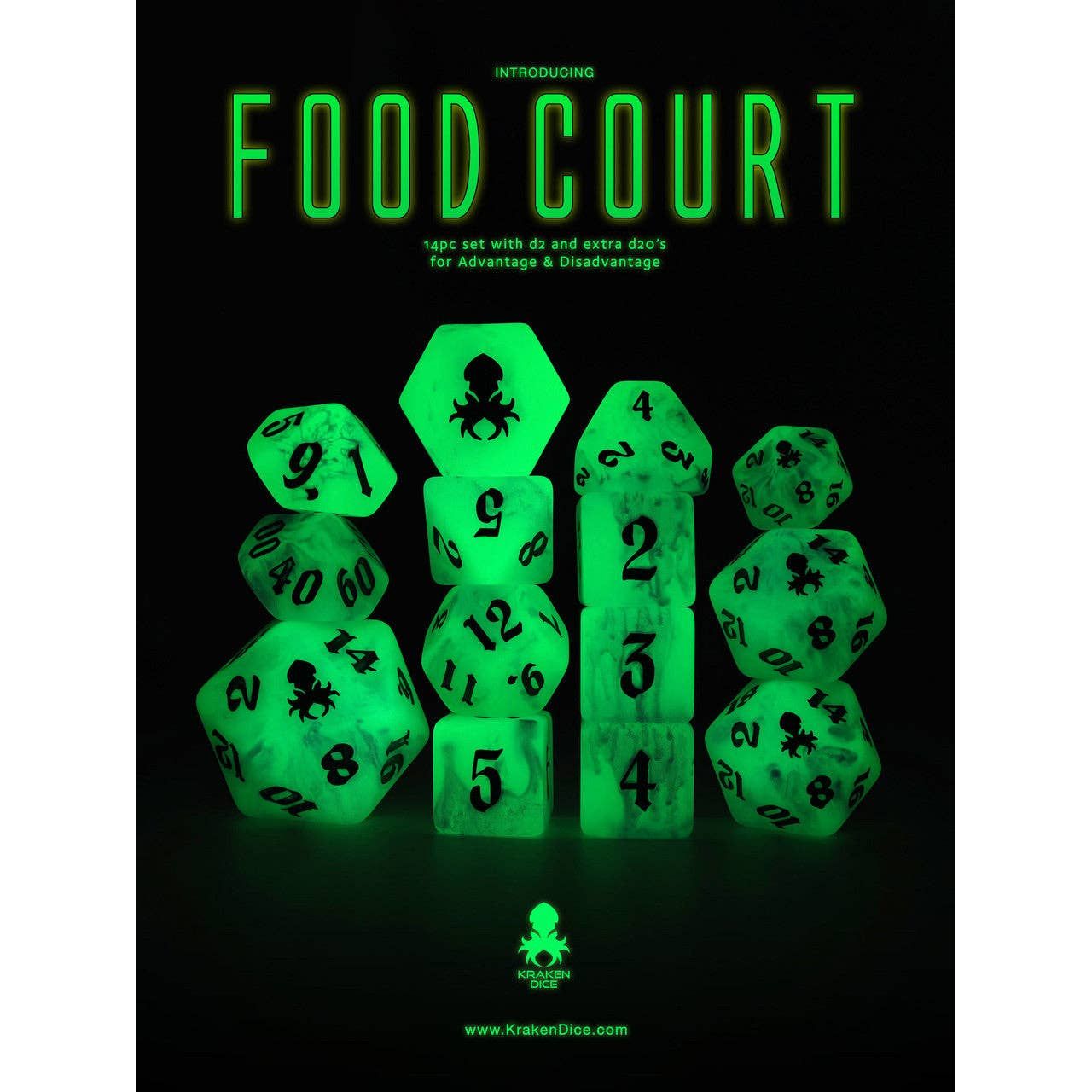 Food Court 14pc Glow in the Dark Dice Set with Teal Ink