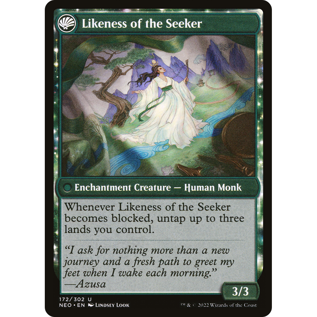 Azusa's Many Journeys // Likeness of the Seeker (NEO-172) - Kamigawa: Neon Dynasty: (fandfc, enchantment) Foil