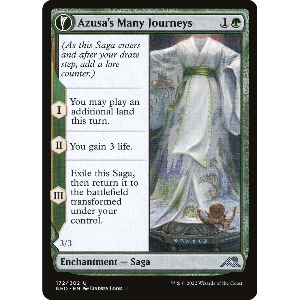 Azusa's Many Journeys // Likeness of the Seeker (NEO-172) - Kamigawa: Neon Dynasty: (fandfc, enchantment) Foil