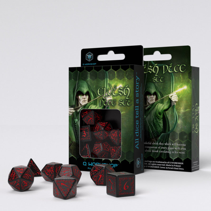 Elvish Black & Red Set of 7 Polyhedral Dice