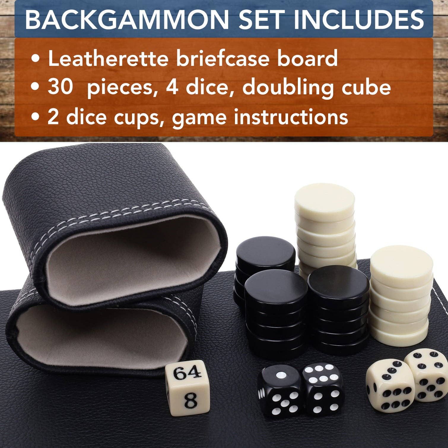 Elegant Black Leatherette Backgammon, 14.75 x 9.75 in.