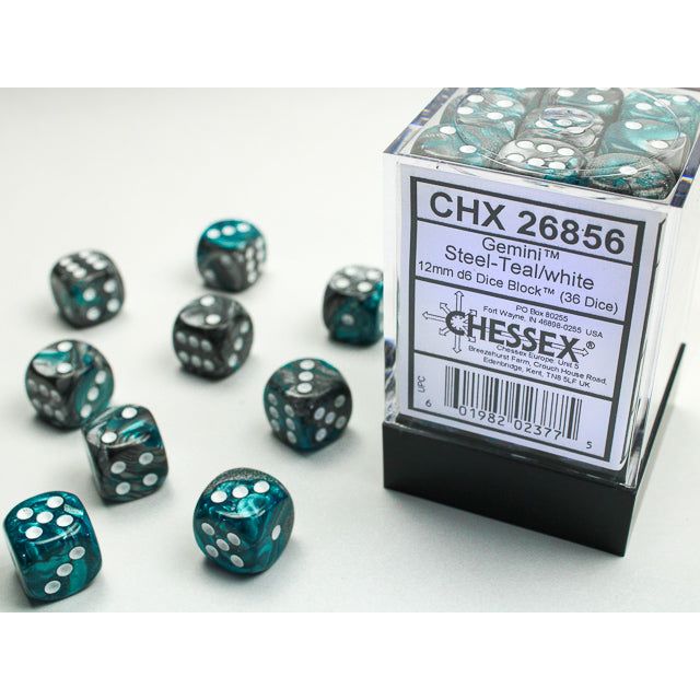 Chessex Gemini Steel-Teal/White 12mm d6 Dice