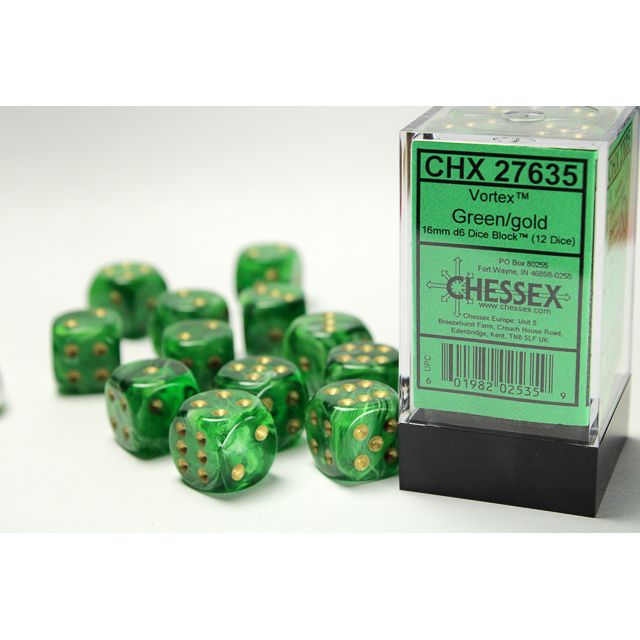 Chessex Vortex Green/gold Six-Sided 16mm Dice