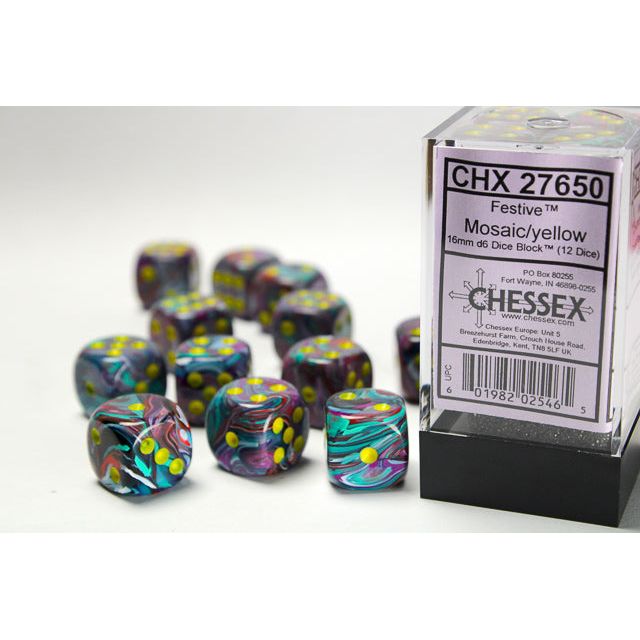 Chessex Festive Mosaic/Yellow Six-Sided 16mm Dice