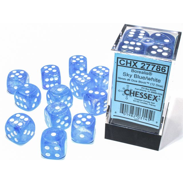 Chessex Borealis Luminary Sky Blue/White Six-Sided 16mm Dice