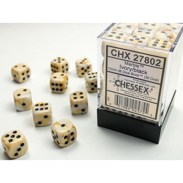 Chessex Marble Ivory/Black Six-Sided 12mm Dice