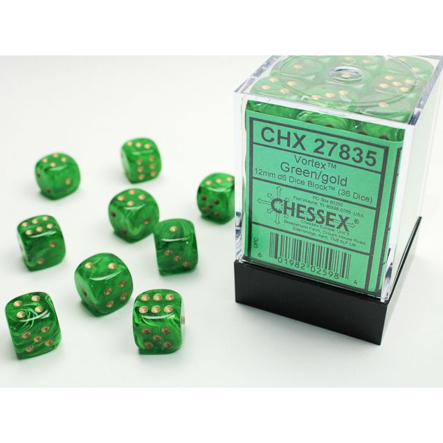Chessex Vortex Green/Gold Six-Sided 12mm Dice