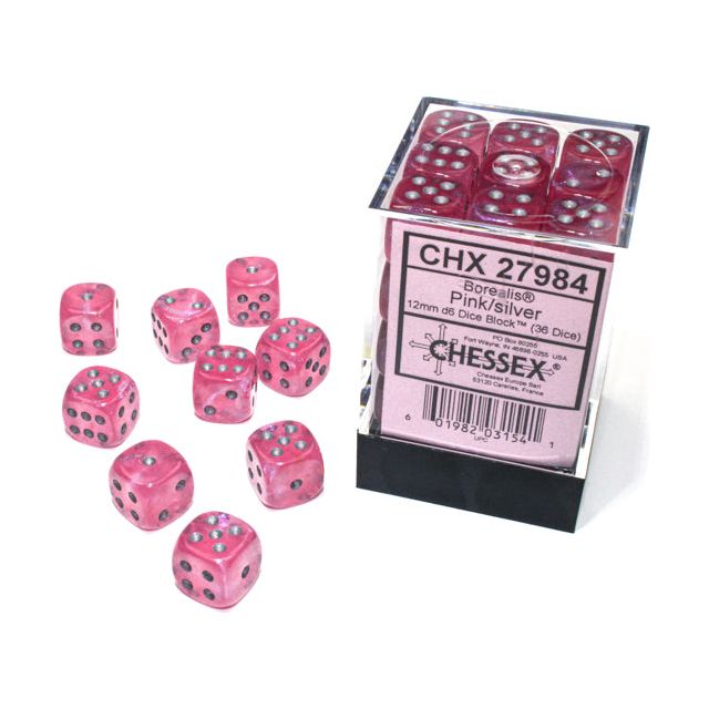 Chessex Borealis Luminary Pink/Silver Six-Sided 12mm Dice