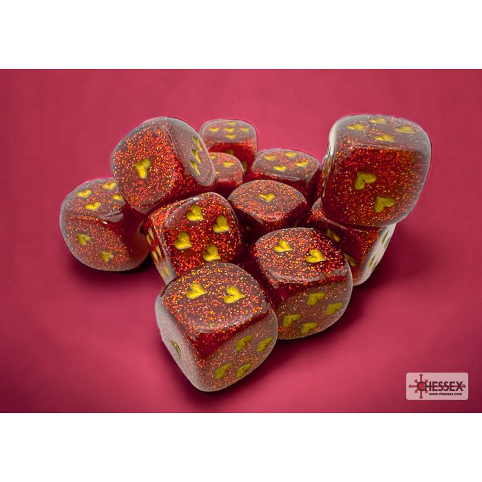 Chessex Heart Glitter Ruby Red/Gold Six-Sided 16mm Dice