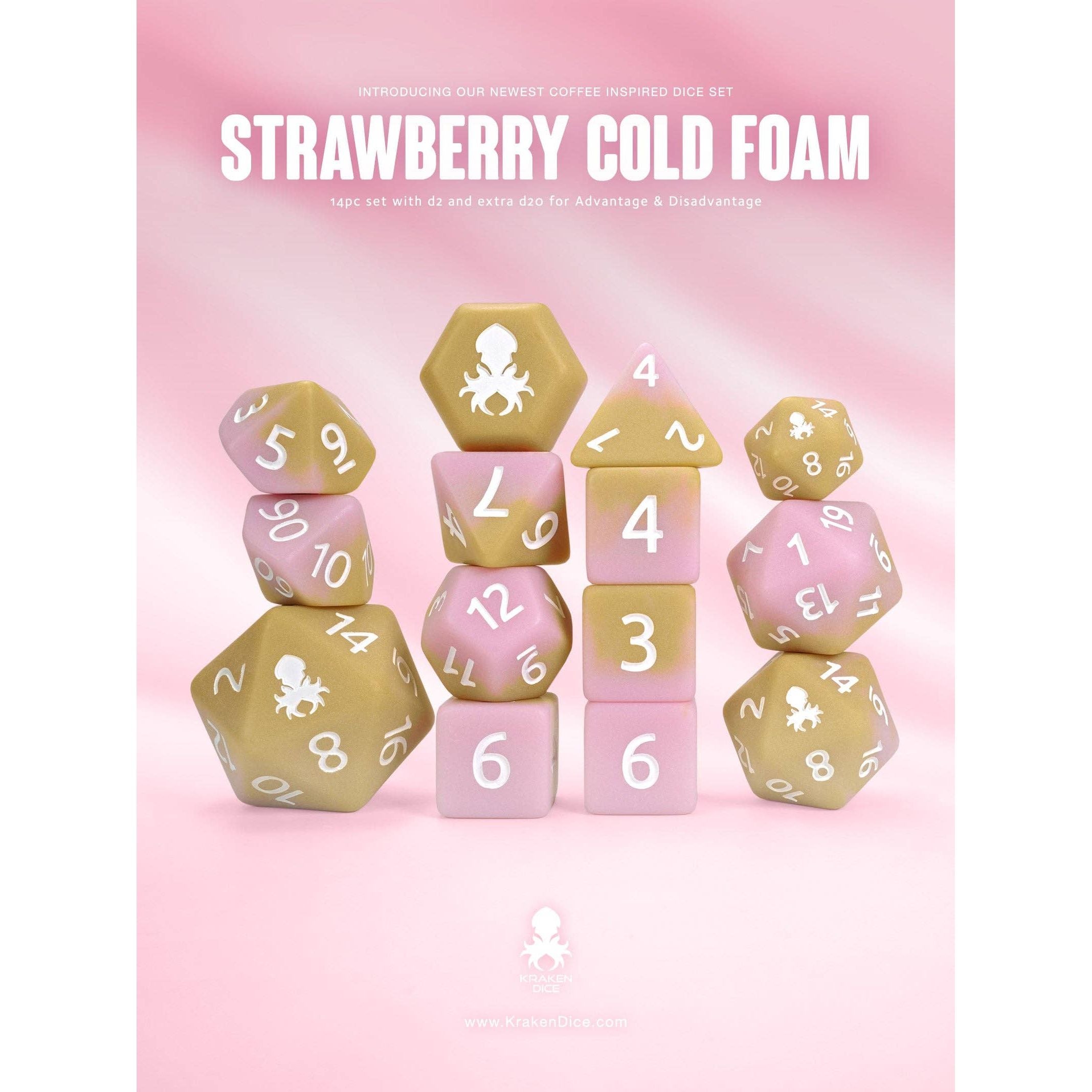 Strawberry Cold Foam Matte 14pc Dice Set inked in White