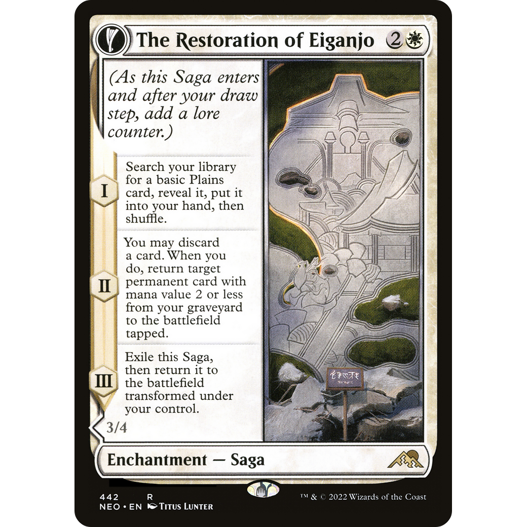 The Restoration of Eiganjo // Architect of Restoration (NEO-442) - Kamigawa: Neon Dynasty: (Extended Art, fandfc, enchantment)