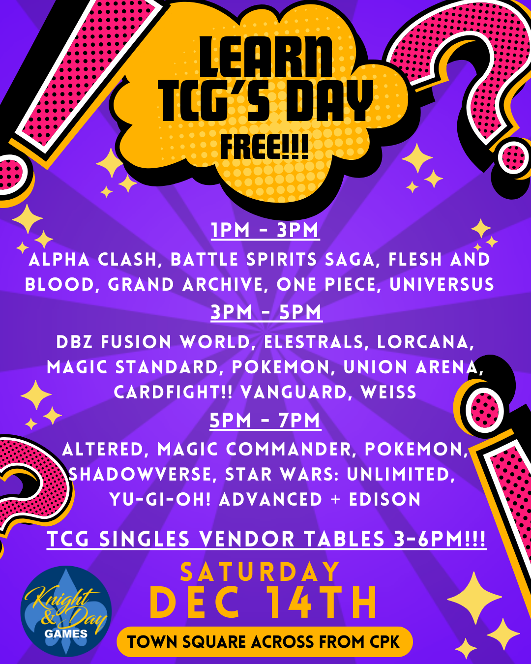 12/14/24 TCG Singles Vendor Table 3pm - 6pm