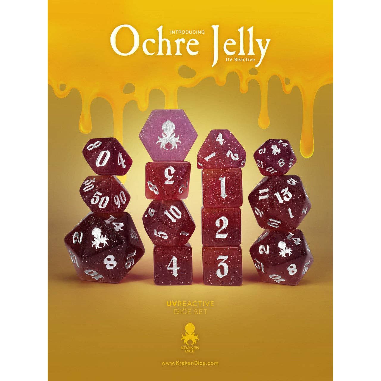Ochre Jelly UV Reactive 14pc Dice Set inked in Silver