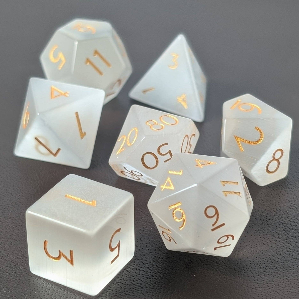 White Cat Eye - 7 Piece Polyhedral Gemstone Dice Set