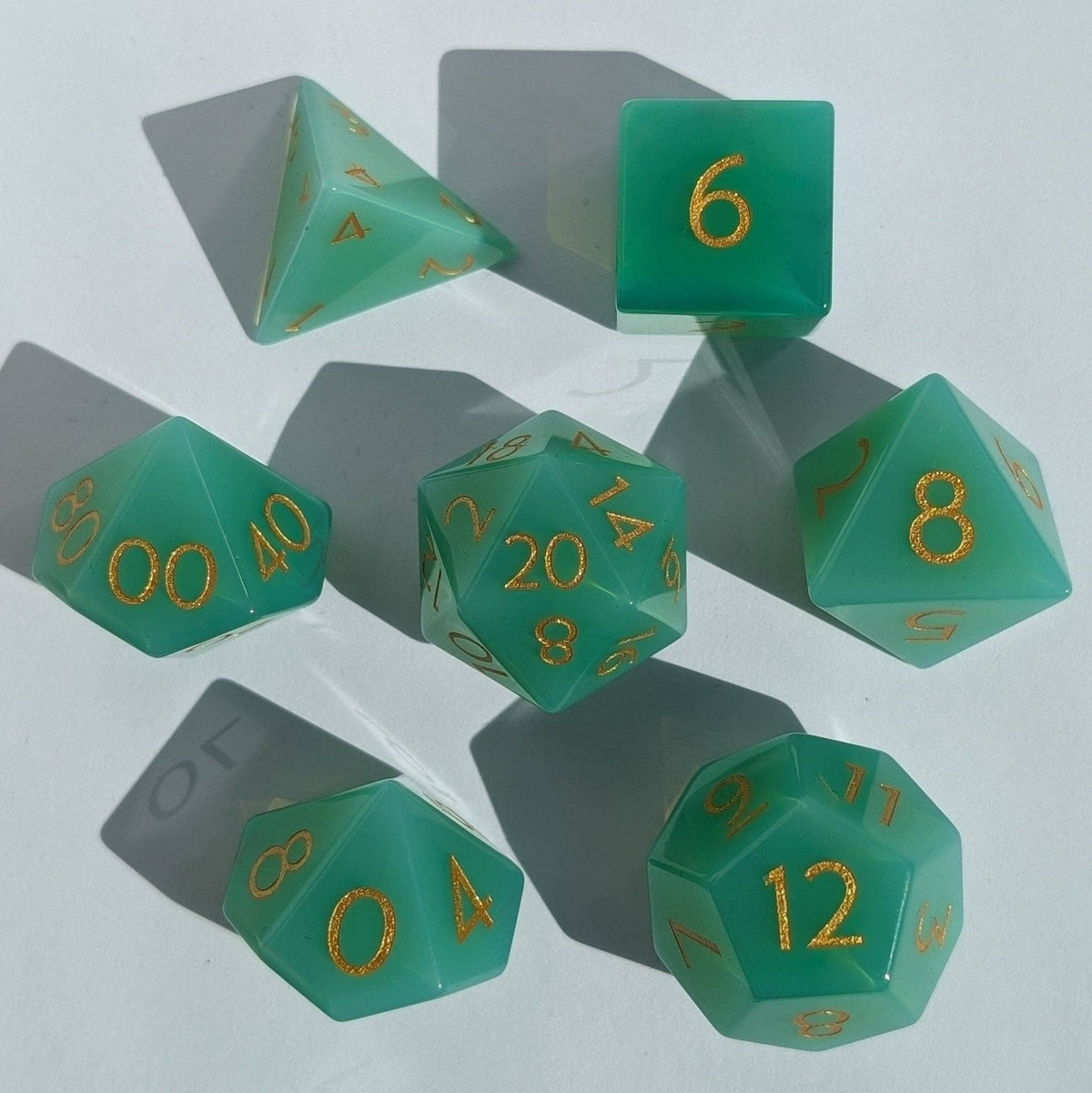 Green Opalite - 7 Piece Polyhedral Gemstone Dice Set