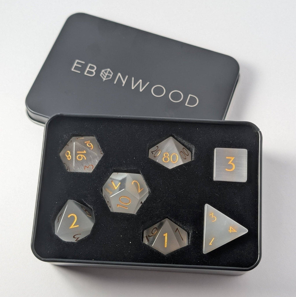 White Cat Eye - 7 Piece Polyhedral Gemstone Dice Set