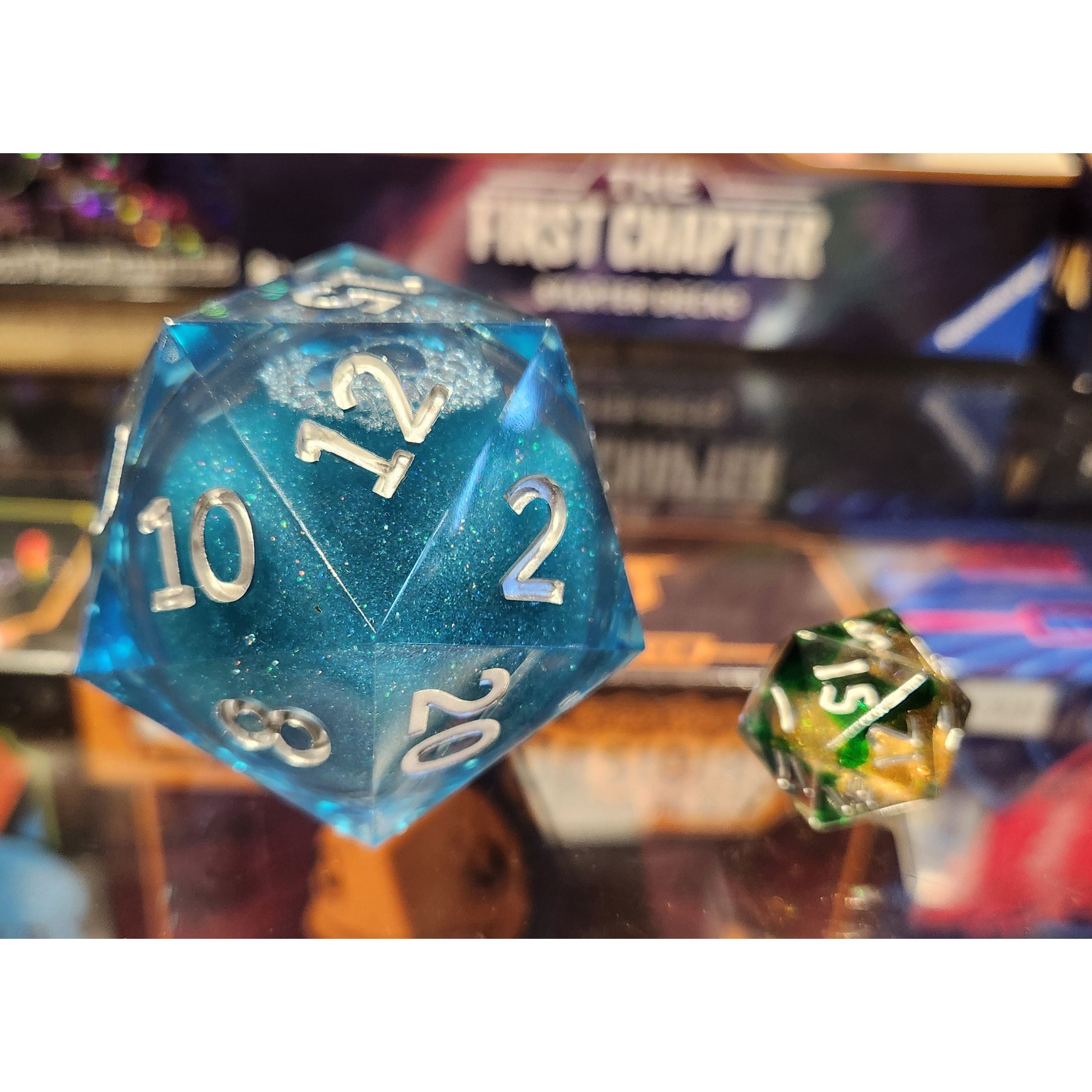 Teal Liquid Core HUGE d20 - 55mm with Glass Jar