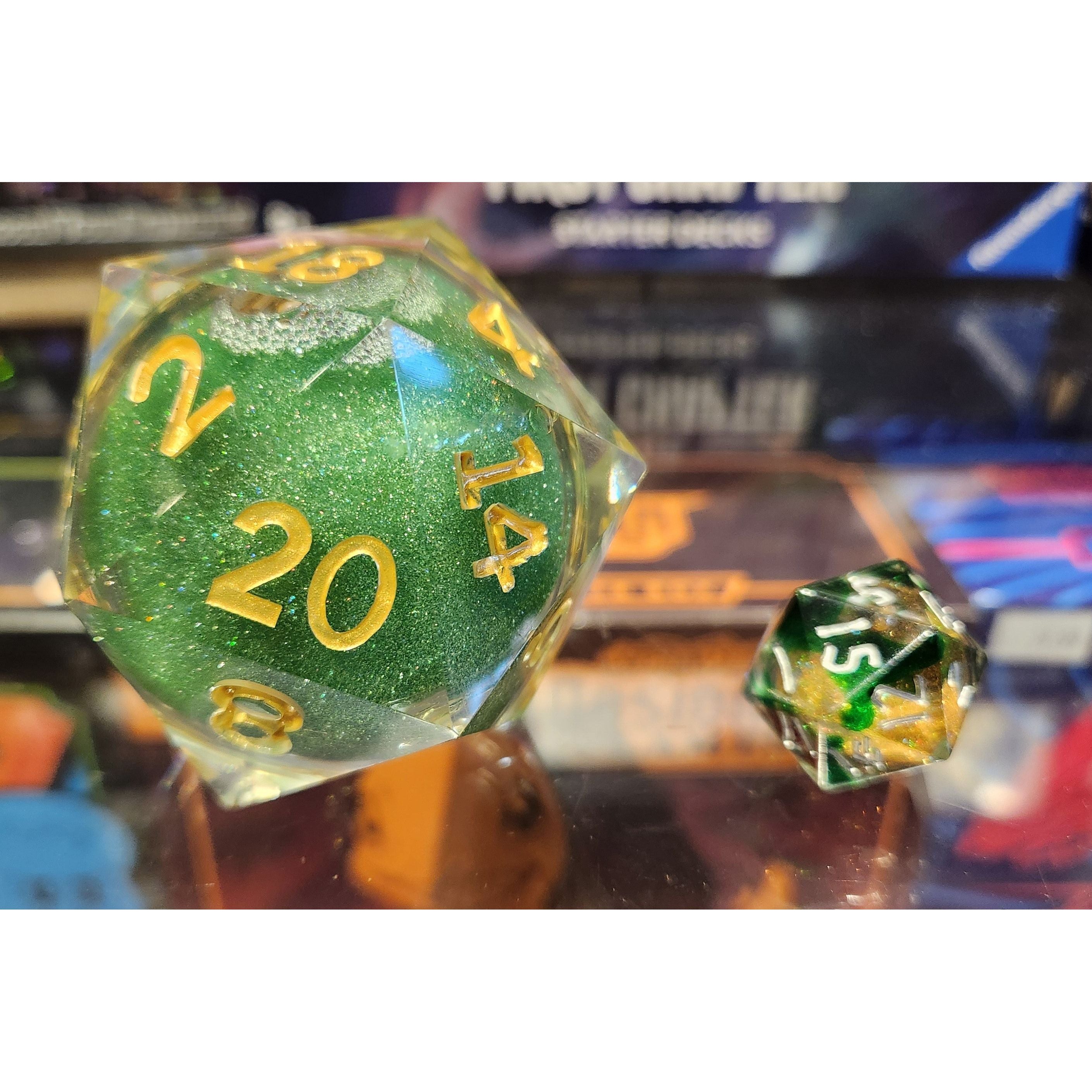 Green Liquid Core HUGE d20 - 55mm with Glass Jar