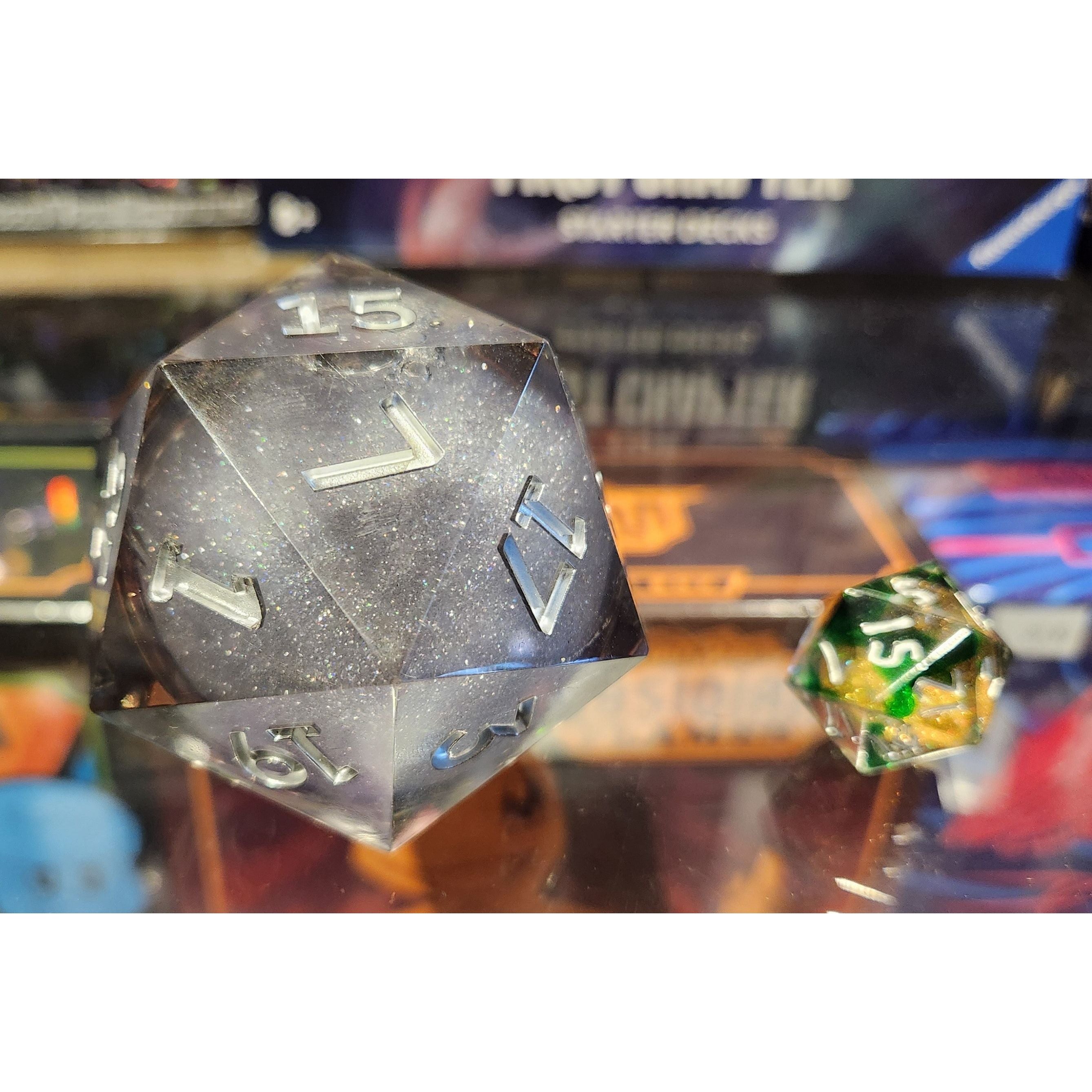 Silver Liquid Core HUGE d20 - 55mm with Glass Jar