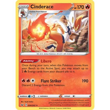 Cinderace (034) 34/202 - SWSH01 Sword & Shield Base Set Reverse Holofoil