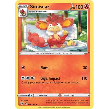Simisear 27/189 - SWSH03 Darkness Ablaze Reverse Holofoil