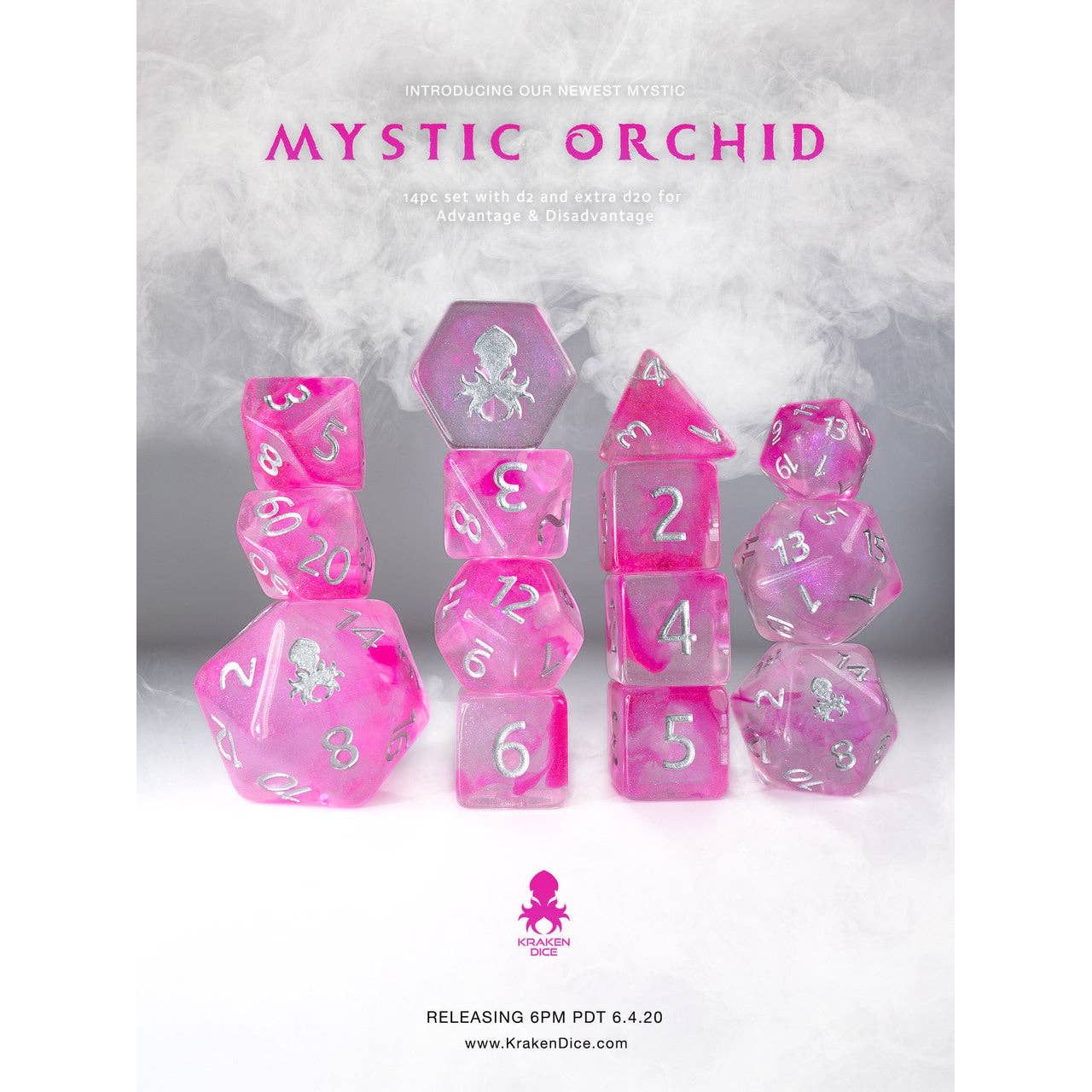 Mystic Orchid 14pc Dice Set Inked in Silver