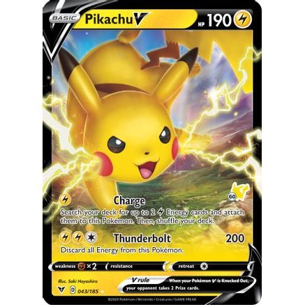Pikachu V - 043/185 (#60 Pikachu Stamped) 43 - Battle Academy 2022 Holofoil