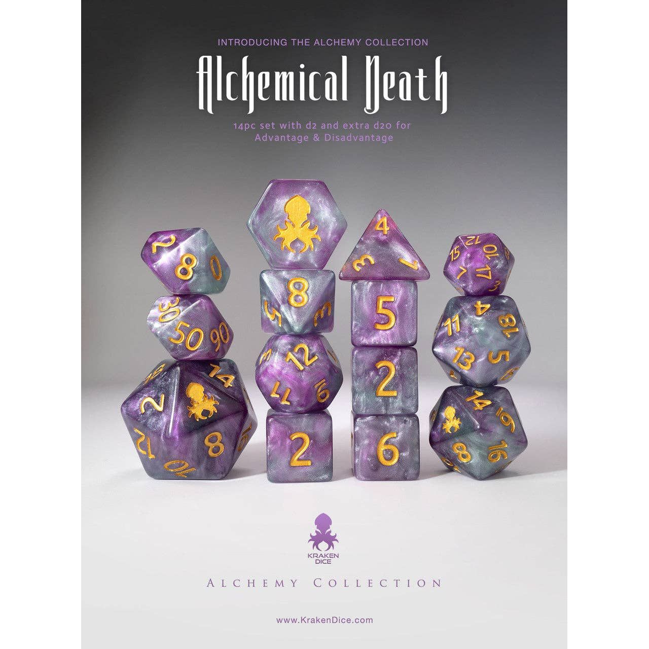 Alchemical Death 14pc Purple and Teal Gold Ink Dice Set