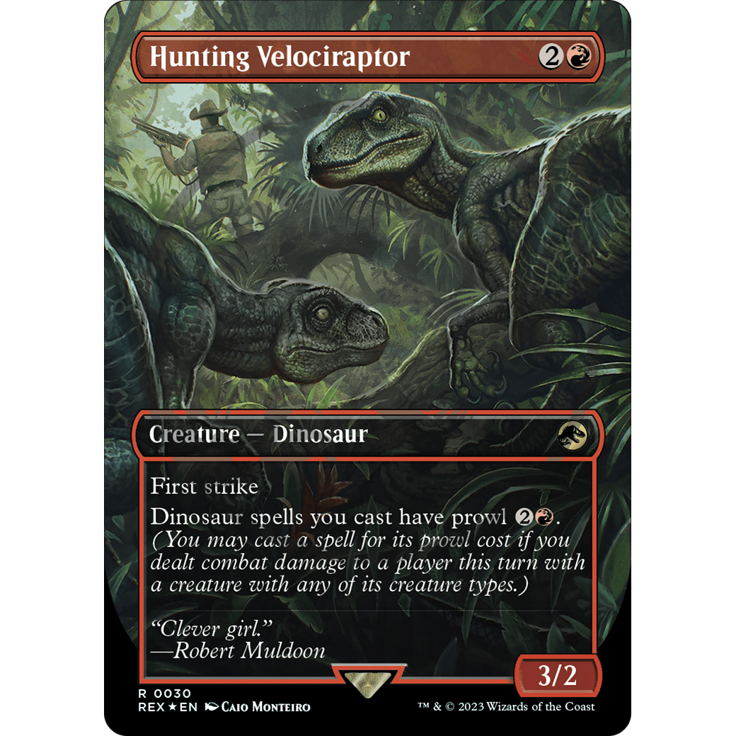 Hunting Velociraptor (Borderless) (Emblem) (REX-030) - Jurassic World Collection (Borderless) Foil