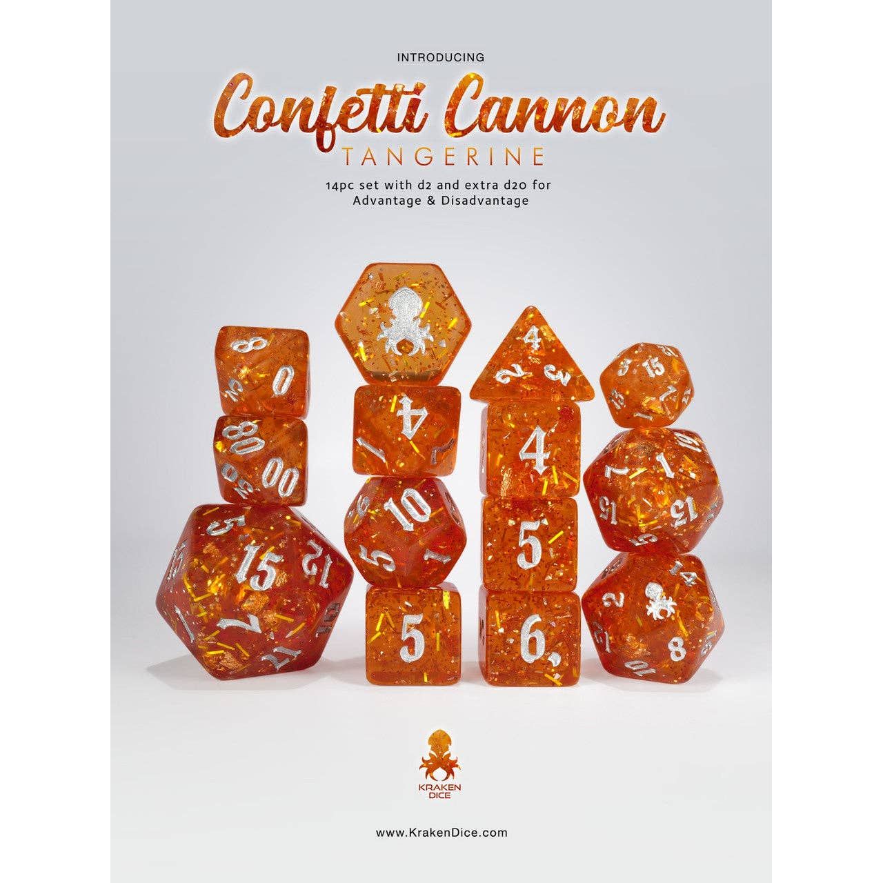 Confetti Cannon: Tangerine - Limited Run - 14pc Dice Set Inked in Silver