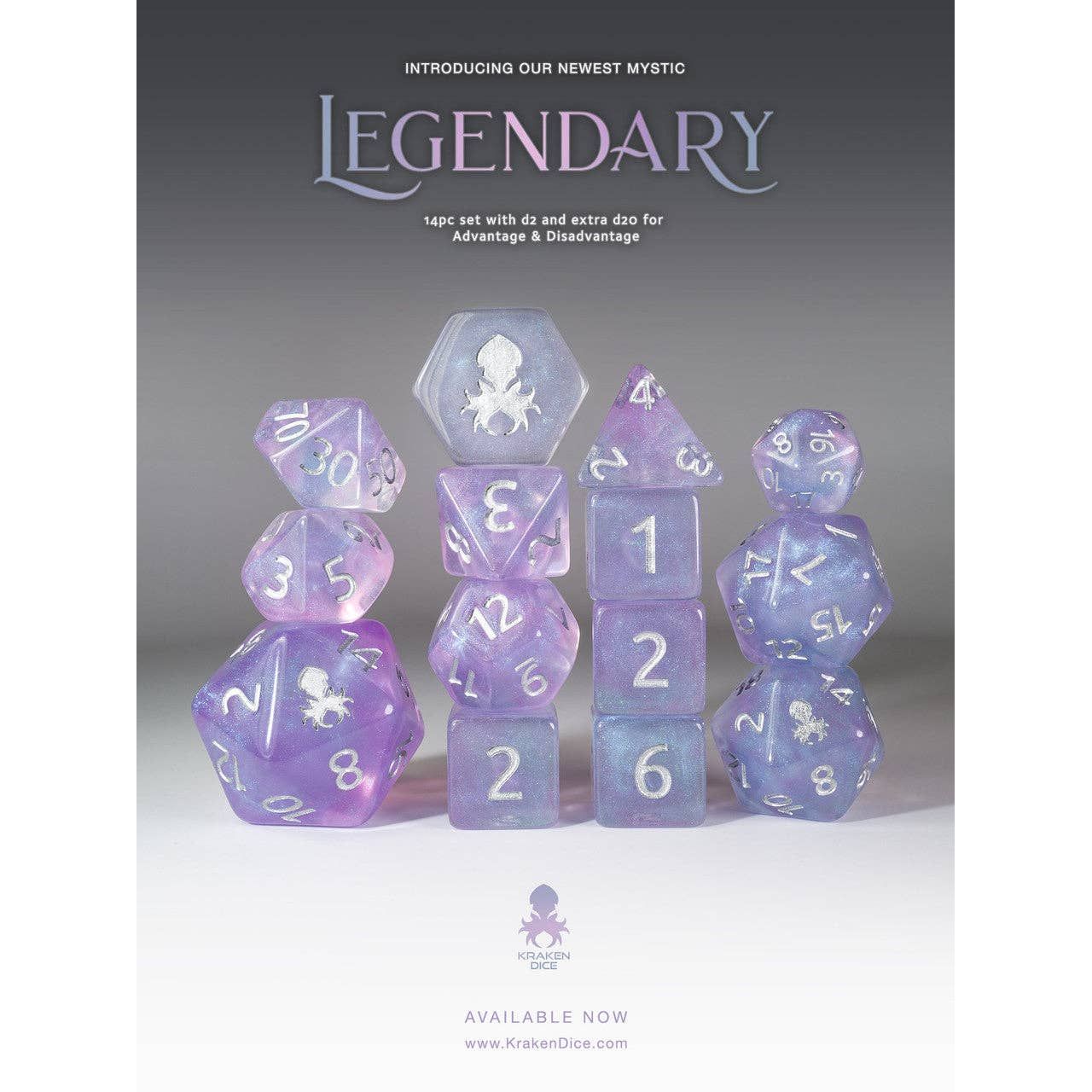 Legendary 14pc Silver Ink Dice Set With Kraken Logo