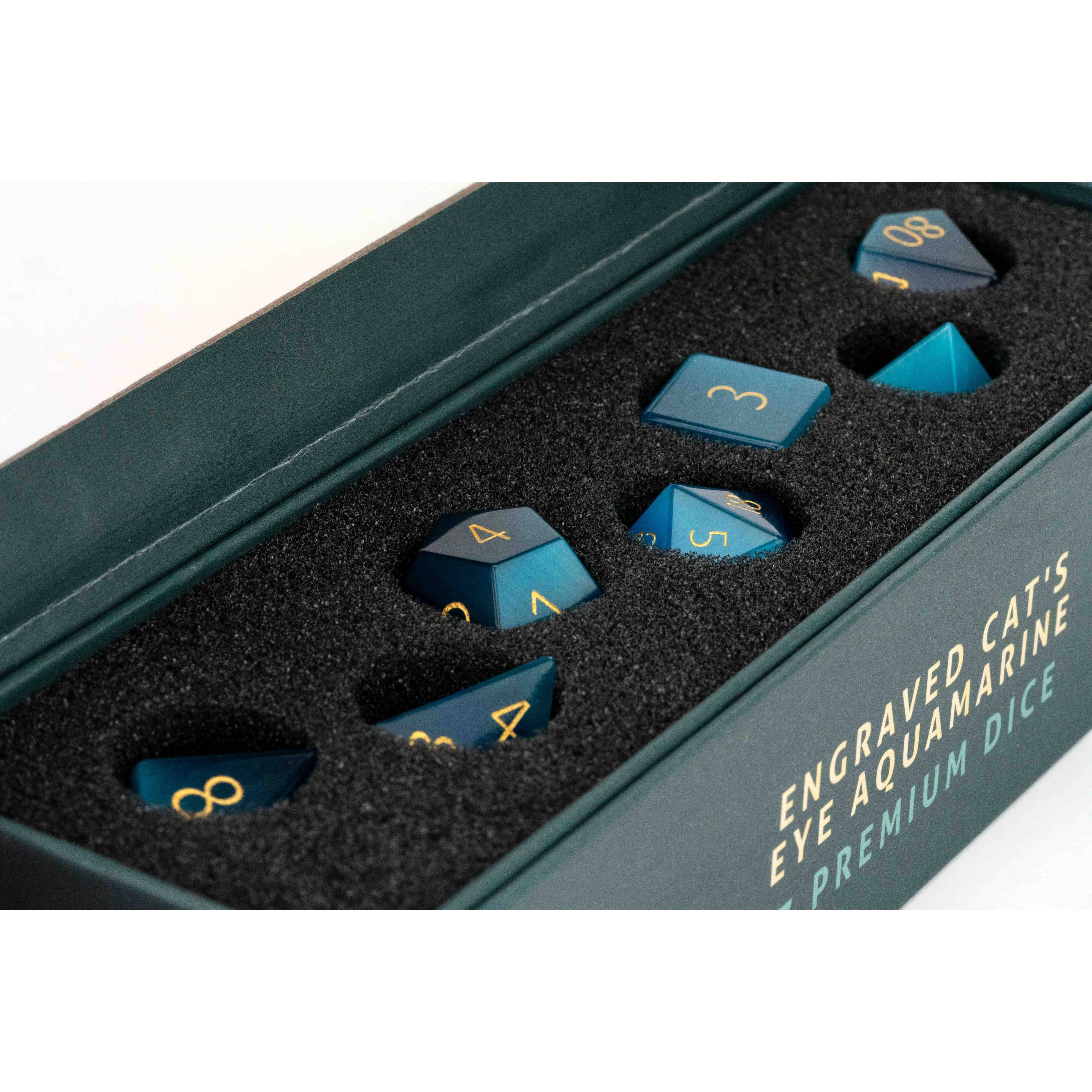 Mystic Mines: Engraved Cat's Eye Aquamarine Gemstone Poly Dice Set