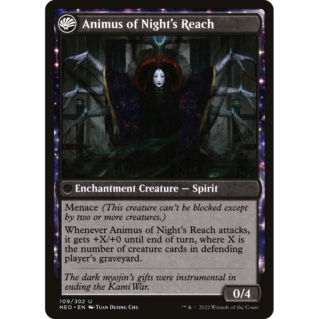 The Long Reach of Night // Animus of Night's Reach (NEO-109) - Kamigawa: Neon Dynasty: (fandfc, enchantment)