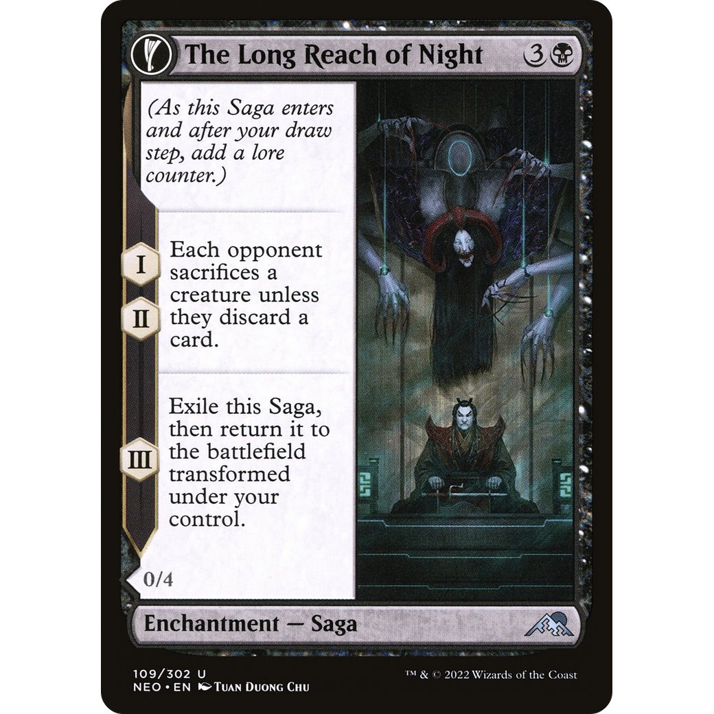 The Long Reach of Night // Animus of Night's Reach (NEO-109) - Kamigawa: Neon Dynasty: (fandfc, enchantment)