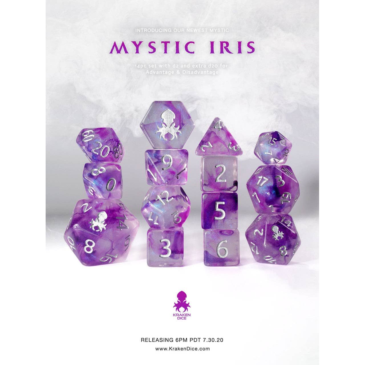 Mystic Iris 14pc Polyhedral Dice set with Silver Ink