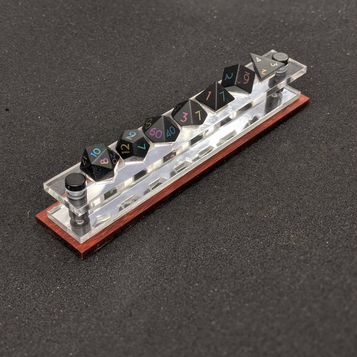 Acrylic Dice Set Display With Wooden Accent: Cherry