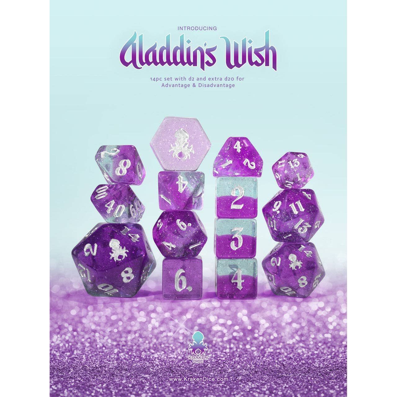 Aladdin's Wish 14pc Dice Set Inked in Silver