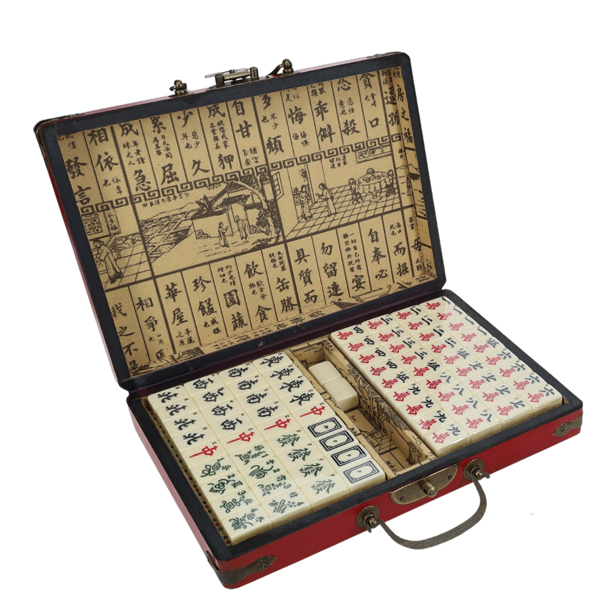 WE Games Traditional Chinese Mahjong Set Travel Size, Red Leatherette Travel Case with Ornate Dragon Design, 144 Tiles 24mm White Tiles