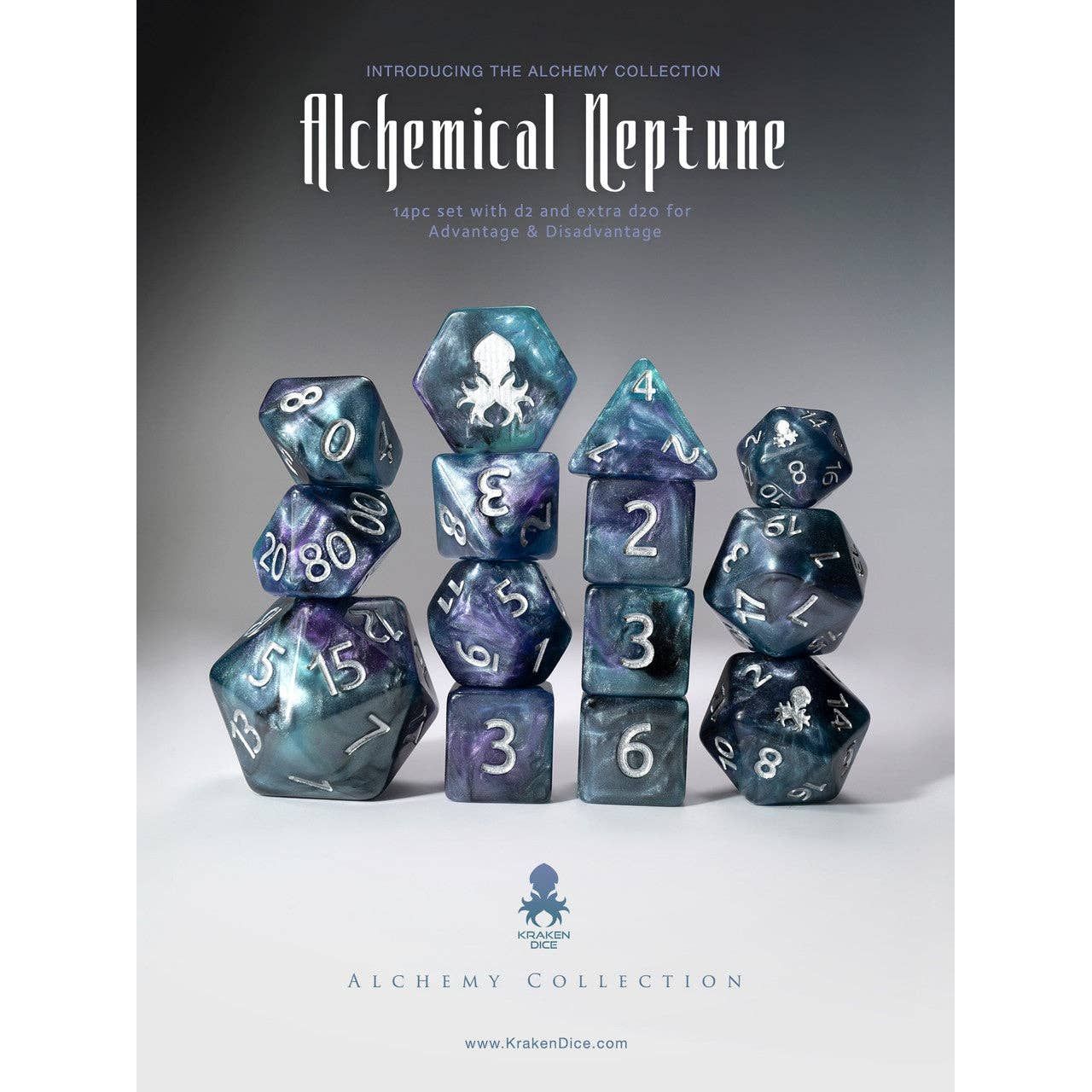 Alchemical Neptune 14pc Blue and Purple Silver Ink Dice Set