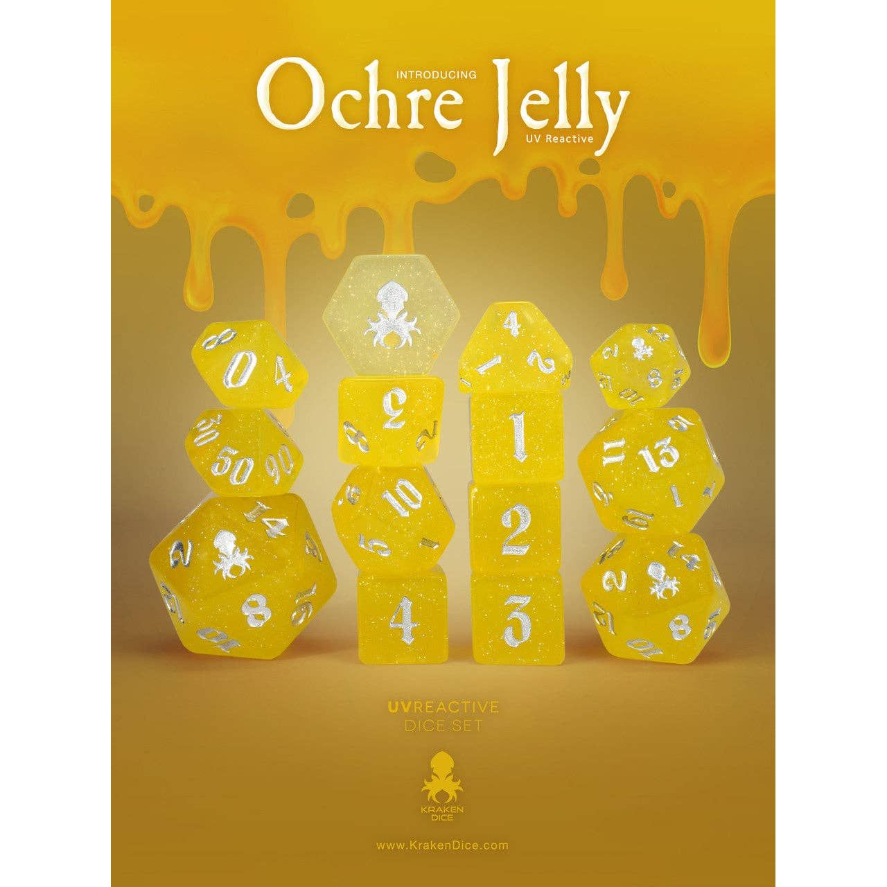 Ochre Jelly UV Reactive 14pc Dice Set inked in Silver