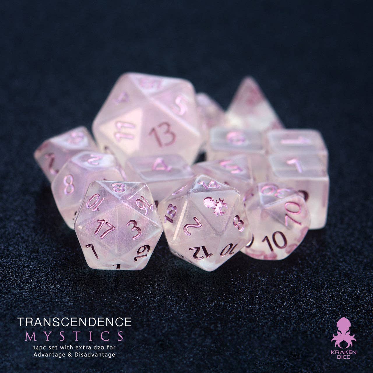 Transcendence Metallic Mauve Ink Mystics 14pc Dice Set With Kraken Logo