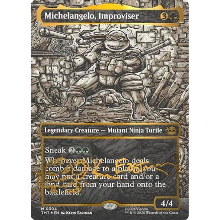 Michelangelo, Improviser (Borderless) (Gold-Stamped Signature) (TMT-304) - Teenage Mutant Ninja Turtles Foil