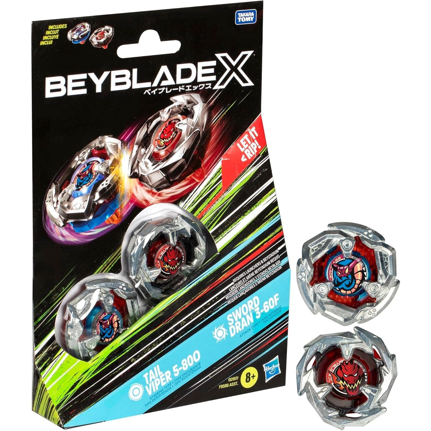 BEYBLADE X Tail Viper 5-80O and Sword Dran 3-60F Dual Pack Set with 2 Right-Spinning Tops